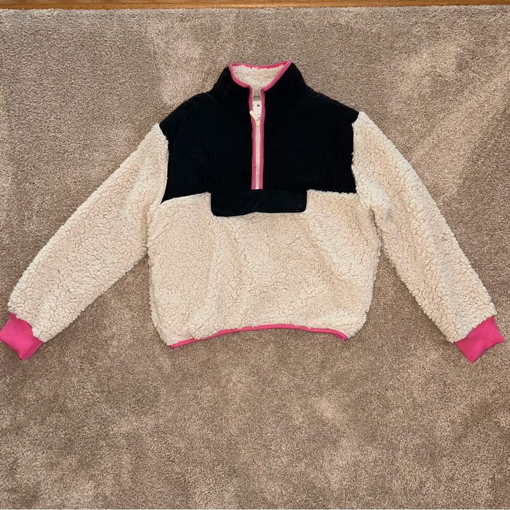 Cozy Black and Cream Sherpa Quarter Zip with Pink Accents